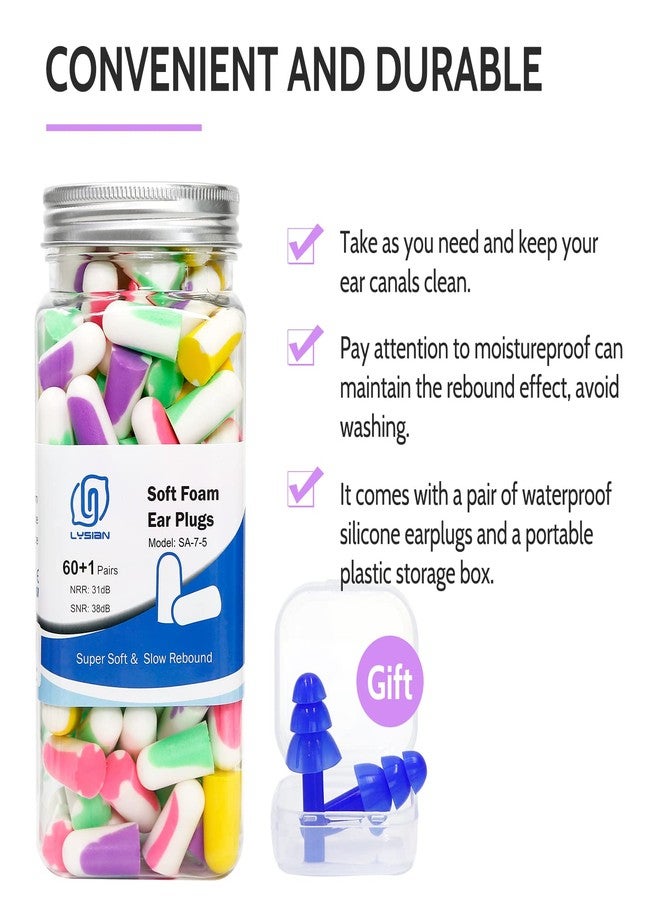 LYSIAN Ultra Soft Foam Earplugs for Sleep- Noise Cancelling Ear Plugs for Sleeping, Shooting,Snoring, Mowing Sound Reduction 38dB- 60 Pairs Multi Color - Image 4